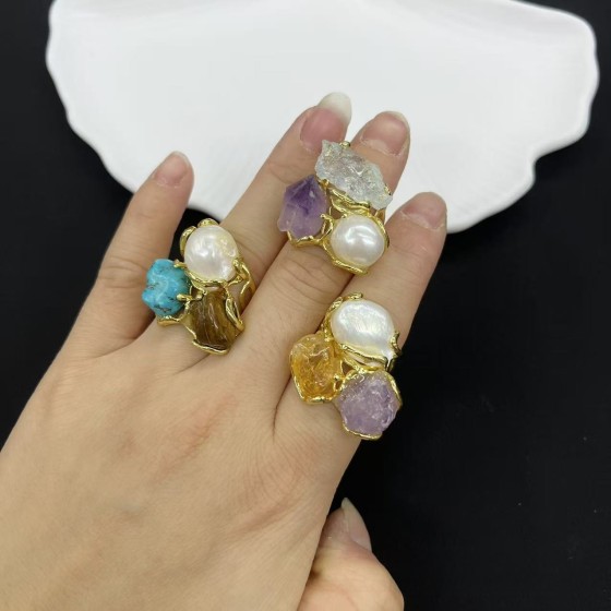 新品天然石戒指高品质AAA天然石戒环保色电镀海外跨境资源首饰