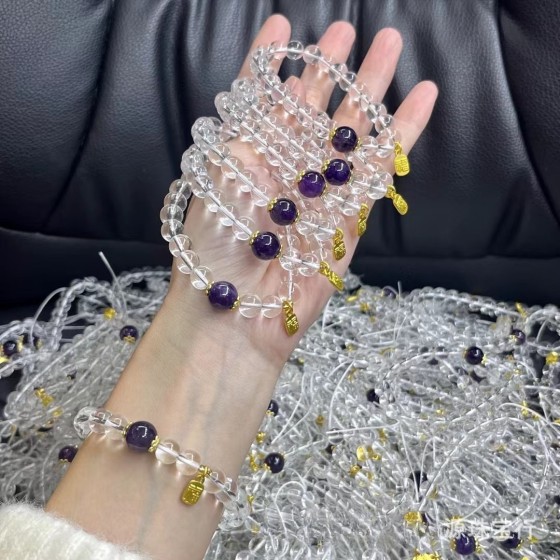 金昇源珠宝白水晶冰种白玻璃手链紫晶福字款女生生日爆款设计直播