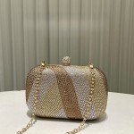 金色华丽闪亮水钻小手包 女士时尚气质优雅迷你盒型晚宴包
