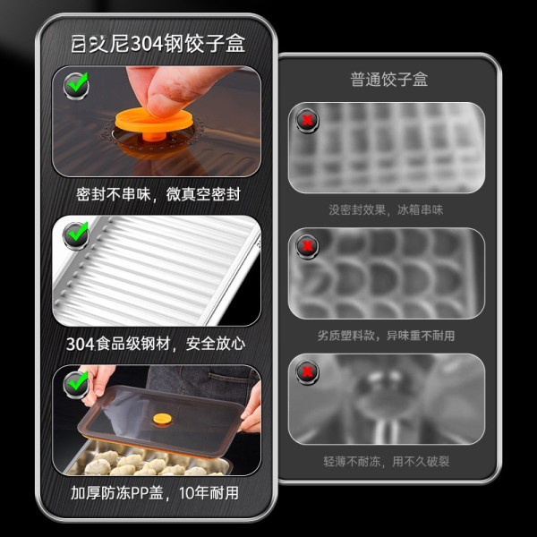 食品级饺子盒304不锈钢保鲜盒冰箱密封盒带盖盒子冷冻储藏盒批发