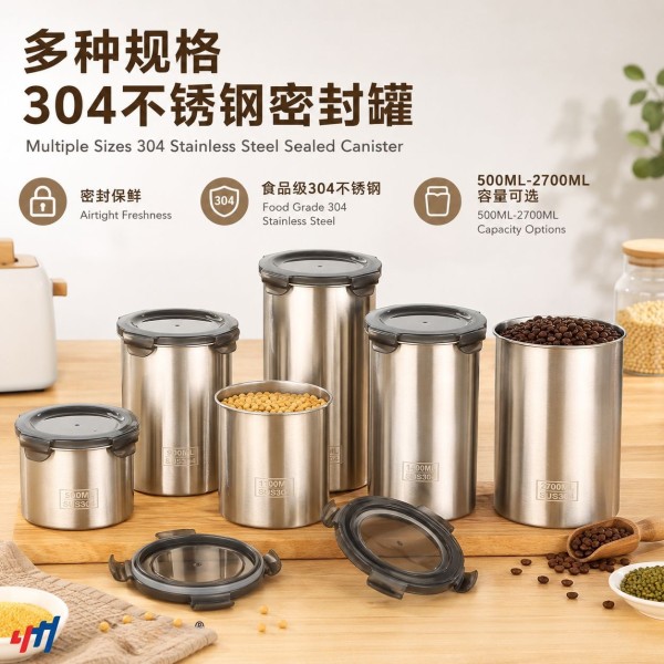 304不锈钢密封罐防潮防串味储物罐厨房收纳罐食品级保鲜罐