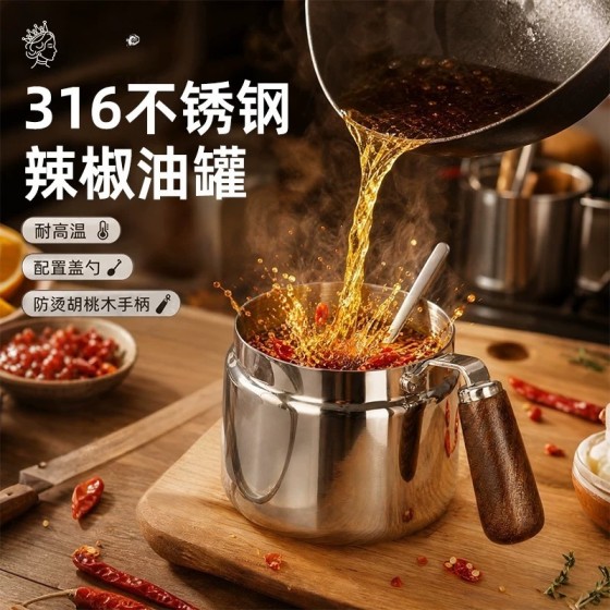 316不锈钢辣椒油专用罐厨房耐高温油泼辣子罐调料罐调味瓶罐带勺