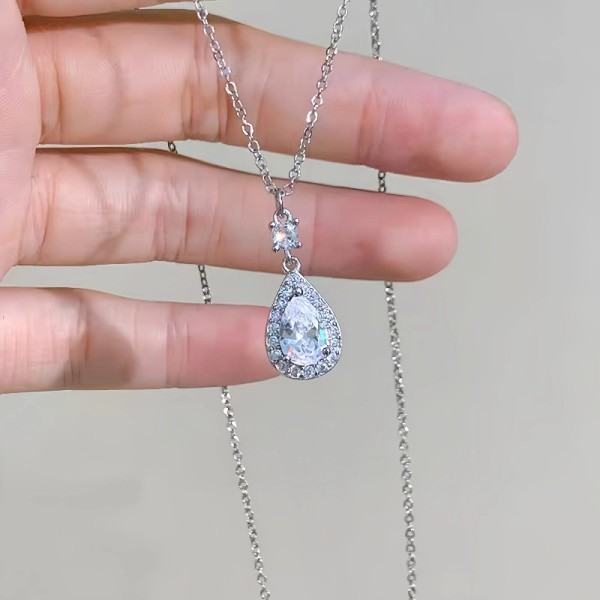 S925纯银镀18K金镶钻水滴型项链女法式小众轻奢高级时尚百搭锁骨