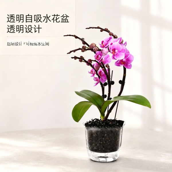 中号圆形自吸水花盆透明中号懒人桌面多肉绿萝透气水培土培两用盆