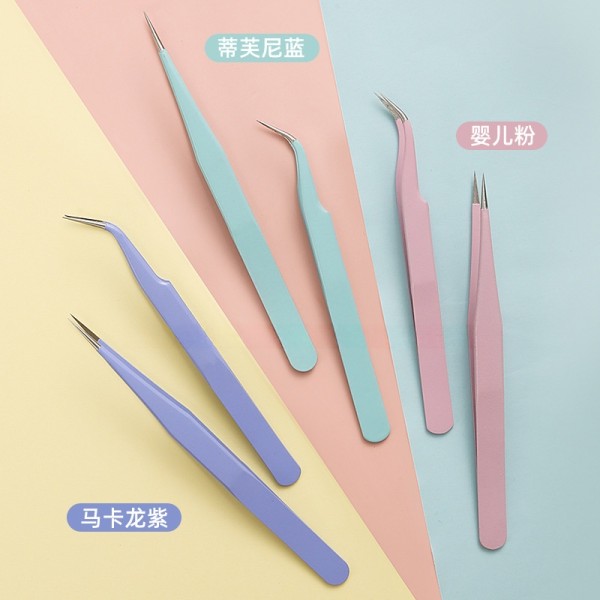 不锈钢镊子批发DIY彩色尖头弯头夹子马卡龙粉色睫毛手工手账镊子