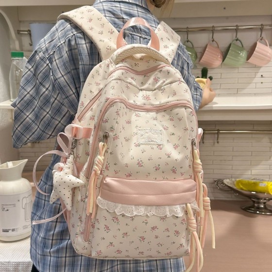 双肩包可爱碎花少女书包初中生蕾丝学生ins高颜值背包大容量