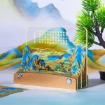 千里江山文创礼品实用带灯光3D便签高颜值立体纸雕日历桌面小摆件