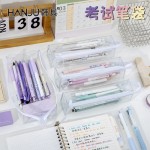 韩具PVC透明考试笔袋方形大容量手提拉链收纳袋高颜值简约文具