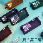 日系复古色简约ins风透明网纱笔袋考试大容量铅笔尼龙立体收纳袋