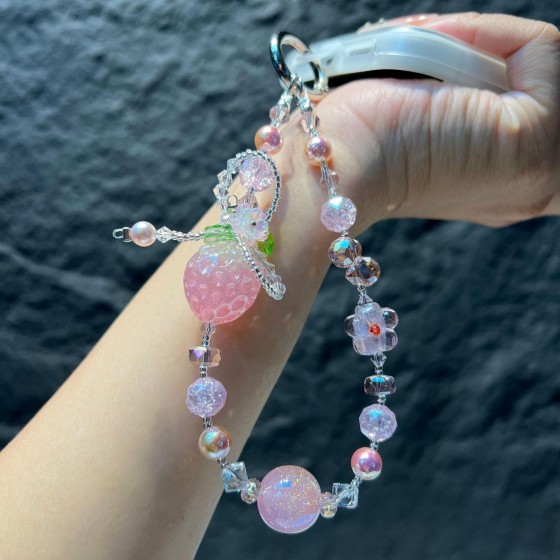琉璃花编织链条光变树脂立体草莓夜光手机链天女珍珠挂链水晶链绳