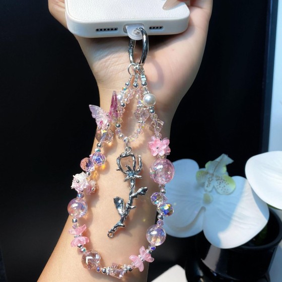 高级感合金玫瑰花吊坠手机链条串珠手腕挂绳珍珠鼎奕珠水晶手机链