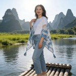云南大理丽江广西桂林新款手工扎染蓝白披肩针织开衫外搭镂空流苏