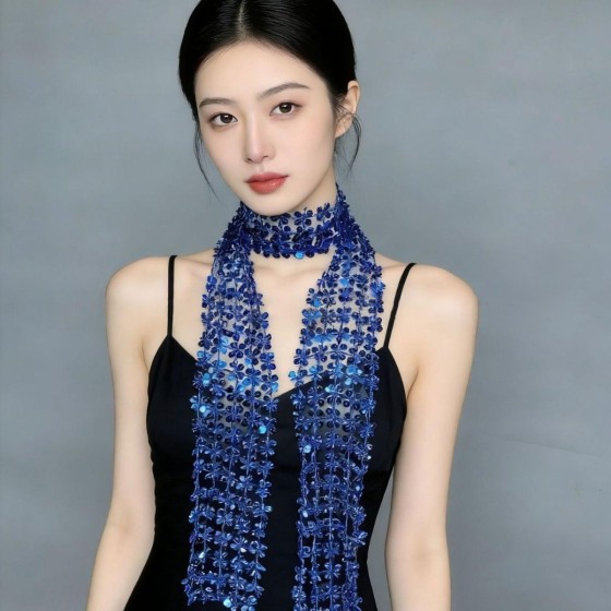 欧美时尚亚马逊热销款刺绣亮片镂空小围巾潮流珠片项链围巾女士