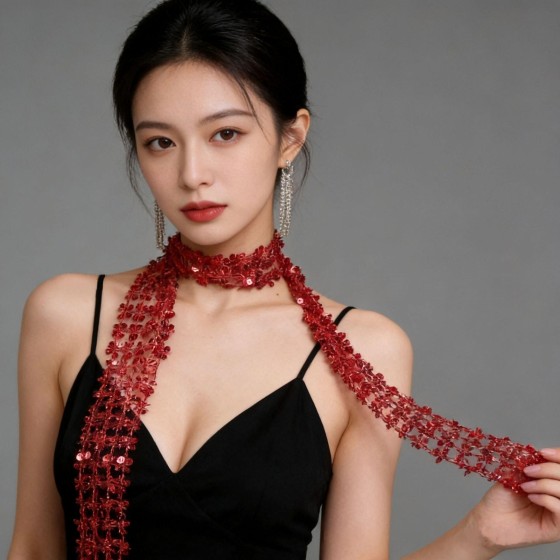 欧美时尚亚马逊热销款刺绣亮片镂空小围巾潮流珠片项链围巾女士