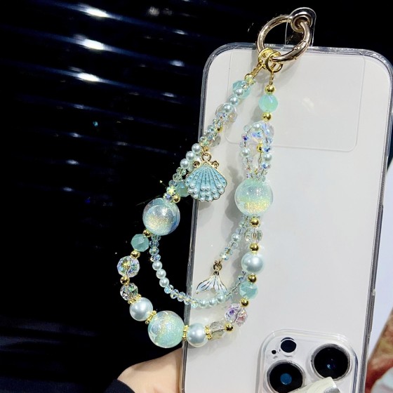 高透K9水晶手机链 海洋风挂链贝壳合金鱼尾挂饰 串珠手机挂绳