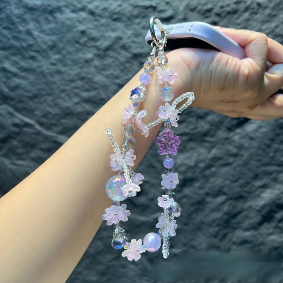 创意米珠缠绕链条合金六芒星水钻手机挂链水晶小众花簇手机链外贸