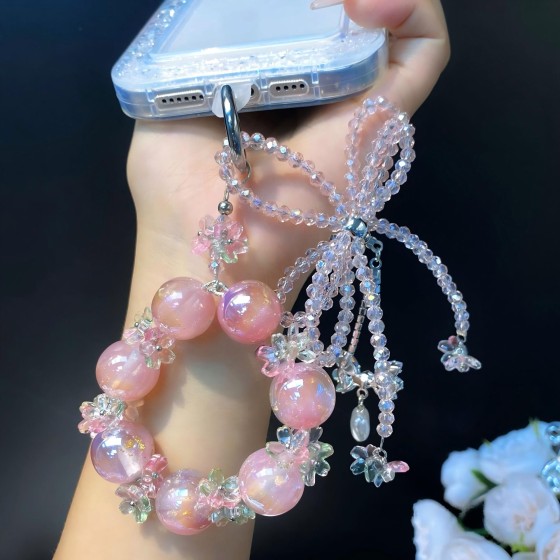 轻奢金箔珠挂链手机链女高级感手机挂件水晶珠蝴蝶结创意挂饰花朵