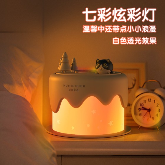 跨境新款USB充电猫咪小蛋糕加湿器带七彩氛围灯家用卧室静音喷雾