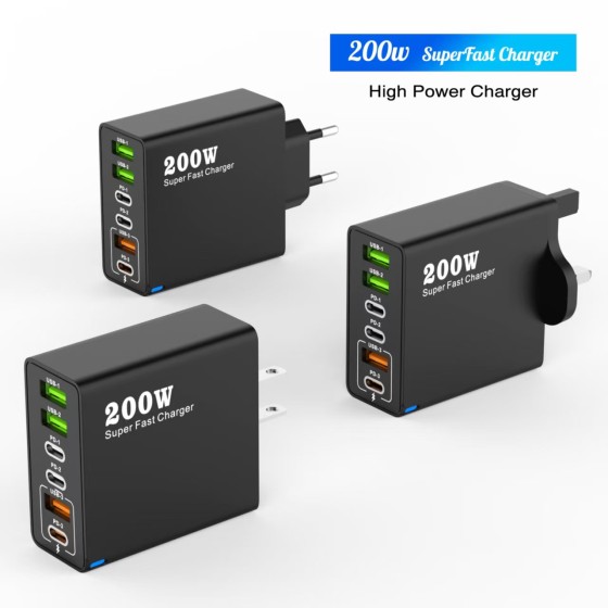 跨境新款200W多口充电器3USB+3PD手机六合一快充头5V2.4A欧美英规