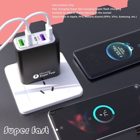 认证款手机通用快充头3USB+2CPD38W全协议旅行手机充电器闪充快充