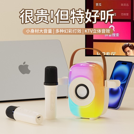 便携式RGB炫彩K歌麦克风音箱 一体家用便携手提无线话筒音箱 跨境