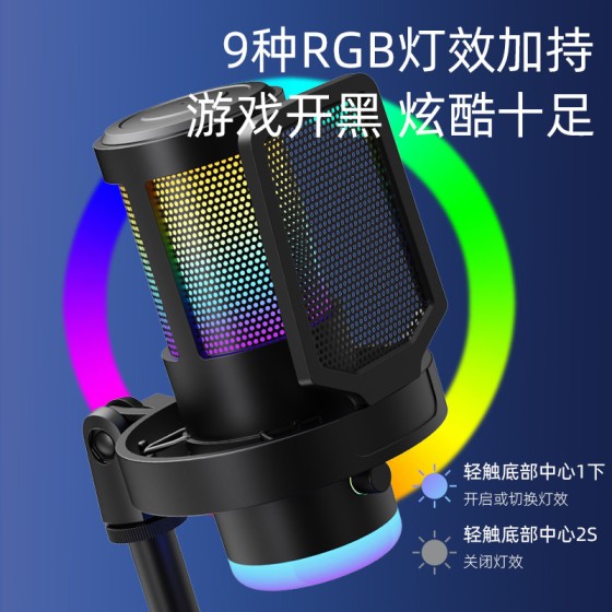 跨境电脑USB麦克风电竞游戏电脑手机语音直播录音RGB炫彩降噪话筒