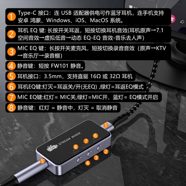 2025新款游戏转接头7.1声卡空间音效监听直播录音type-c转换器