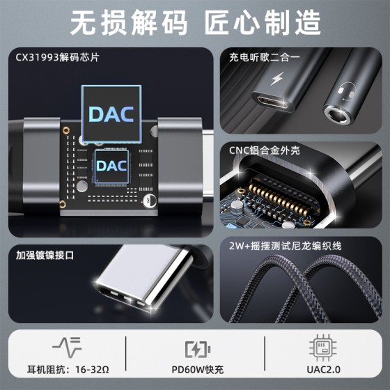 Type-C二合一3.5mm音频转接头CX31993HiFi耳机小尾巴快充OEM\ODM