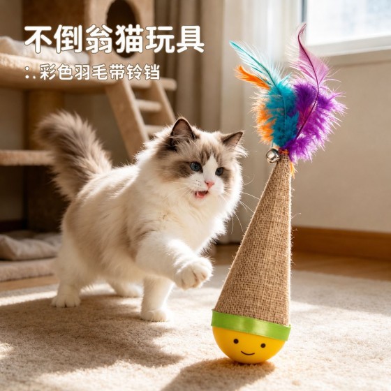 跨境猫玩具不倒翁解闷神器羽毛响铃旋转逗猫消耗体力耐咬宠物玩具