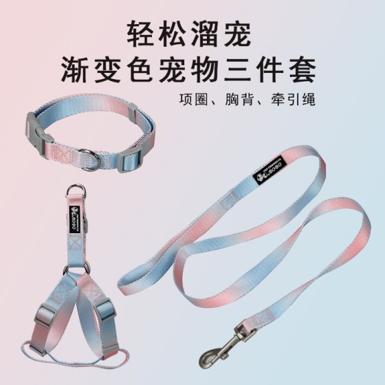 宠物牵引绳渐变色外出溜狗绳牵引套装颈圈狗狗胸背带中小型犬狗链 (有码数）