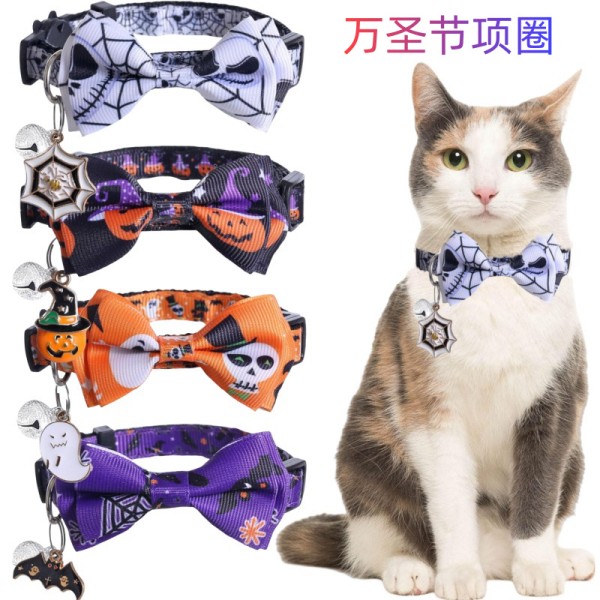 亚马逊爆款万圣节宠物项圈蜘蛛鬼魂蝙蝠南瓜图案挂饰猫咪项圈批发
