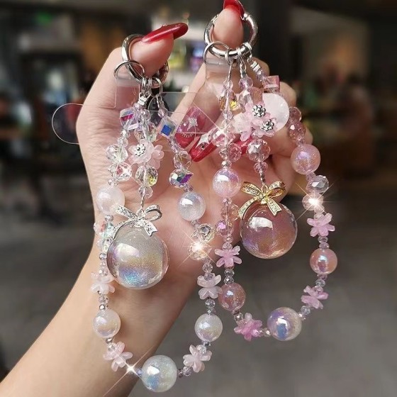 高级感水晶串珠手机链花朵大珠吊坠手机壳挂绳钥匙包防丢链短款女