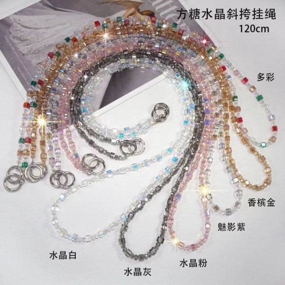 高级感方形水晶斜挎长手机挂绳可背挂脖包包挂链垫片防丢手工串珠