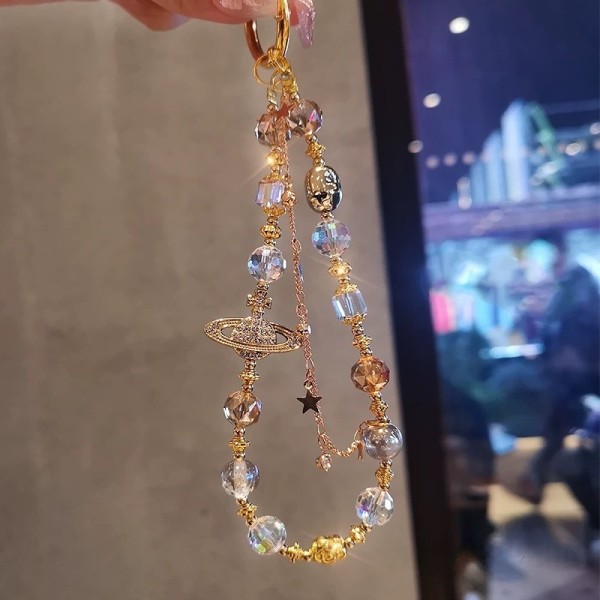 高级感手机链串珠水晶土星闪闪新中式包包相机挂链短款手机壳挂绳