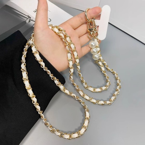 手机挂绳小香风珍珠皮卡链长款斜挎手机挂链金属皮质挂件包包挂饰