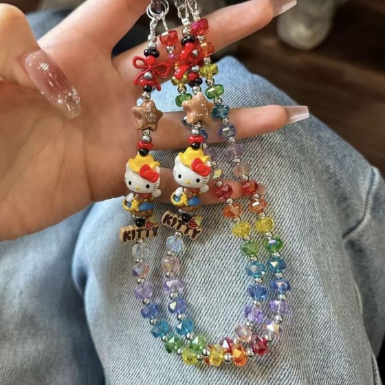 手作彩虹牛仔KT猫萌粒手机挂链彩色串珠ccd相机钥匙扣挂饰