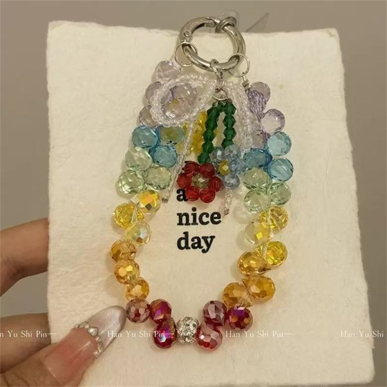 夏日彩虹小清新渐变串珠手机链挂件钥匙扣百搭温柔彩色高级感挂饰