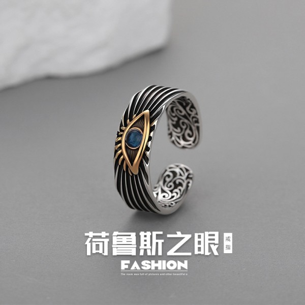 原创荷鲁斯之眼戒指男潮个性冷淡风纹理食指戒时尚仿泰银开口指环