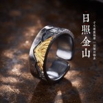 艺尚原创设计【日照金山】手工戒指男士黑金泰银镶好运指环开口潮
