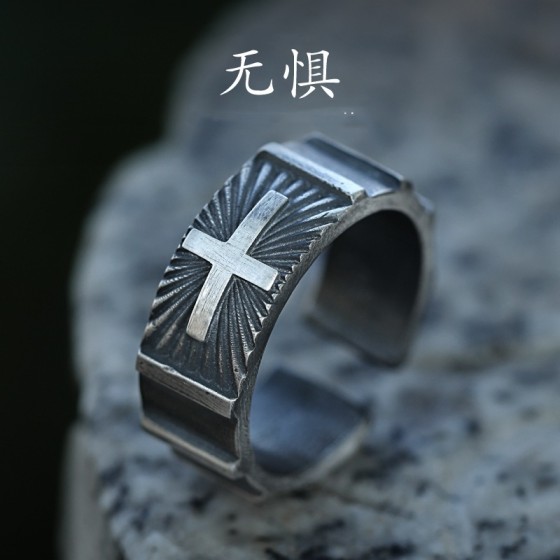 艺尚原创《十字架》泰银戒指男潮齿轮小众独特男生开口个性指环