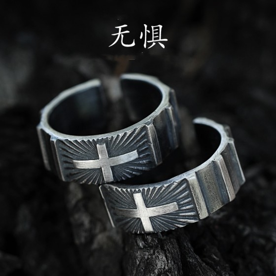 艺尚原创《十字架》泰银戒指男潮齿轮小众独特男生开口个性指环