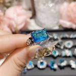 山茶湖光水影海蓝宝石系列戒指  镀金重工微镶爆闪夸张奢华开口戒