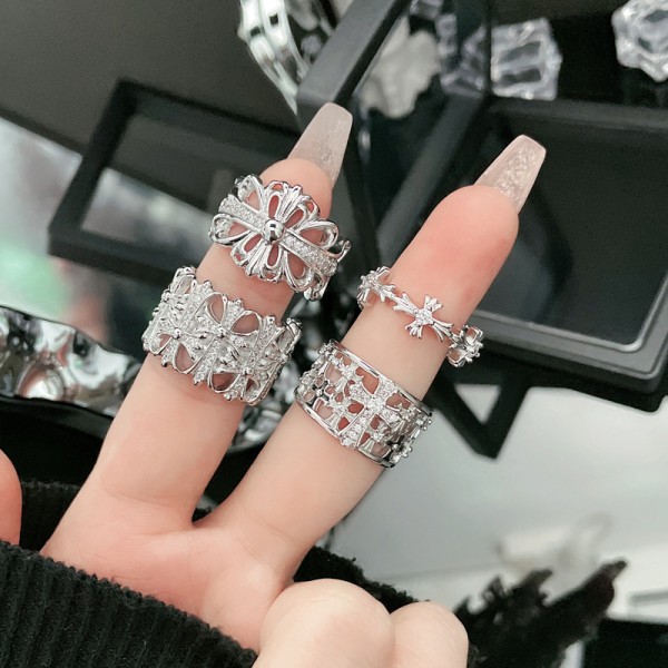 跨境欧美朋克不规则十字架鸢尾花时尚可调节戒指女嘻哈个性指环潮