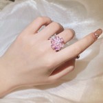 跨境热卖时尚轻奢粉色心形锆石戒指女甜美超闪粉钻花朵指环手饰