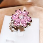 跨境热卖时尚轻奢粉色心形锆石戒指女甜美超闪粉钻花朵指环手饰