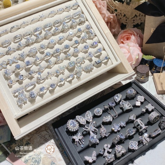 山茶璨若星河婚戒系列 镀18K金镶璀璨火彩3A锆 INS百搭活口戒指女