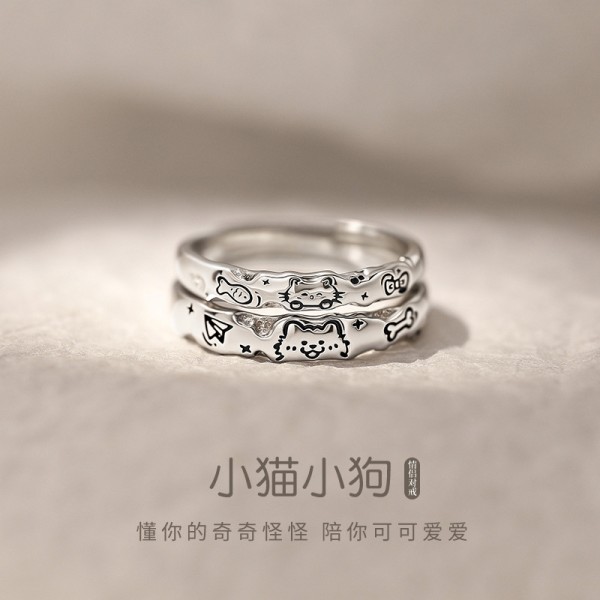 清新甜美卡通小猫小狗情侣对戒极简涂鸦男女戒小众设计波浪边戒指