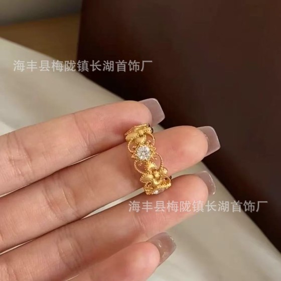 「鸢尾花」轻奢中古vntage复古个性金属花朵拉丝锆石戒指叠戴指环