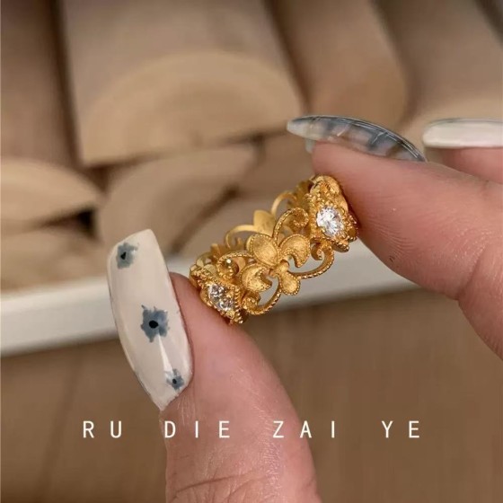 「鸢尾花」轻奢中古vntage复古个性金属花朵拉丝锆石戒指叠戴指环