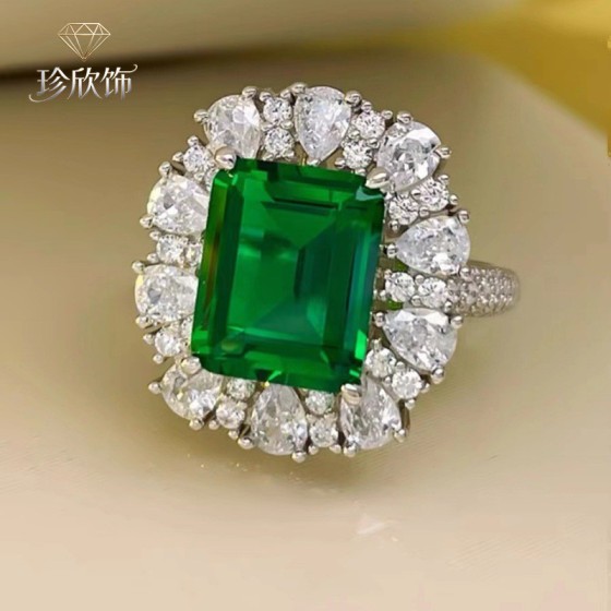 高端网红直播祖母绿戒指女高碳钻轻奢高级感气质开口指环手饰